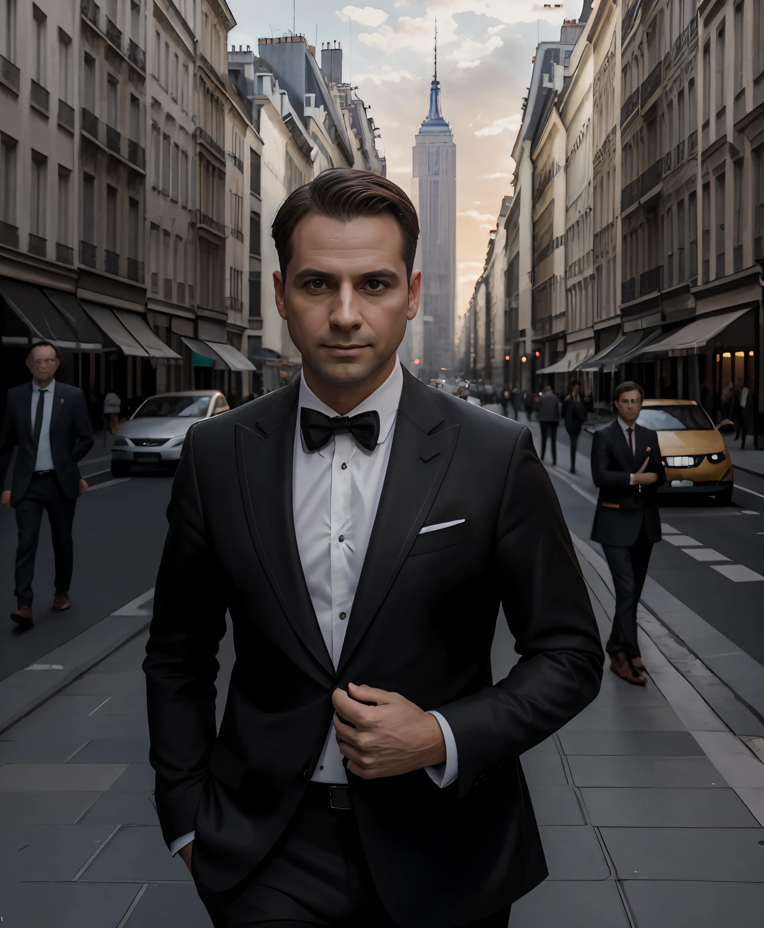 (Masterpiece, photoreallistic), (f/1.4, Sony a7R IV) ..RAW, Portrait of a man with a seductive European hand, 35 years old , ( brown short hair:1.3). Full view, wearing a black suit jacket and white striped shirt and white fashion pants, Standing in the street in a very famous pose, Photographie et pose de mannequinat, Moniteur du New York Times et rue, Cities in the background and passers-by in the background and Bokeh, Highly detailed and symmetrical face, detailed lips, ceinture, detailled eyes, Des jambes parfaites, Background and sunset of the city of Paris and golden sky of the sunset, Bokeh, Precise finger, Super creative pose, VRAIE PHOTO, Lively street, Kodak, Anciennes couleurs de film, ultra fine detail, slow shutter speed, Stretched lights and movement, Bokeh