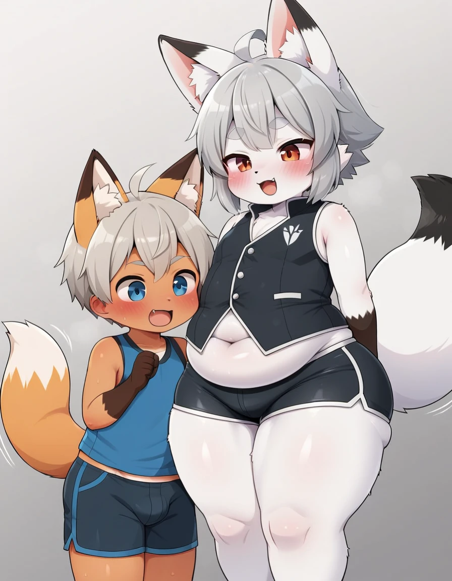 furry beast, White fur, gray hair,Belly-baring vest,tight shorts,Only one,White Fox Fat ,Fox ears with black tips,Foxtail end black,Fat thighs,thick calf, best quality