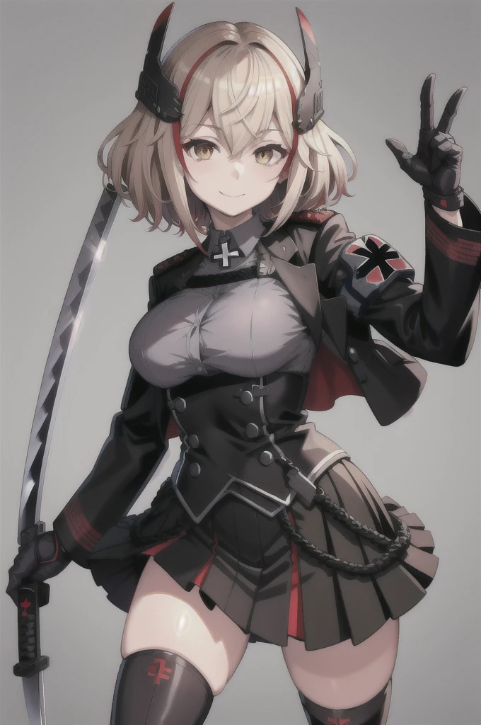 masterpiece, best quality, RoonV4, 1girl, solo, looking at viewer, smile, skirt, shirt, gloves, long sleeves, closed mouth, standing, jacket, upperbody, sidelocks, pleated skirt, boots, black gloves, collared shirt, miniskirt, black skirt, black footwear, black jacket, buttons, headgear, knee boots, cross, armband, grey shirt, cropped jacket, iron cross,katana,katana in hand,Japanese katana,long blade katana,katana held with right hand,katana long blade 60cm,