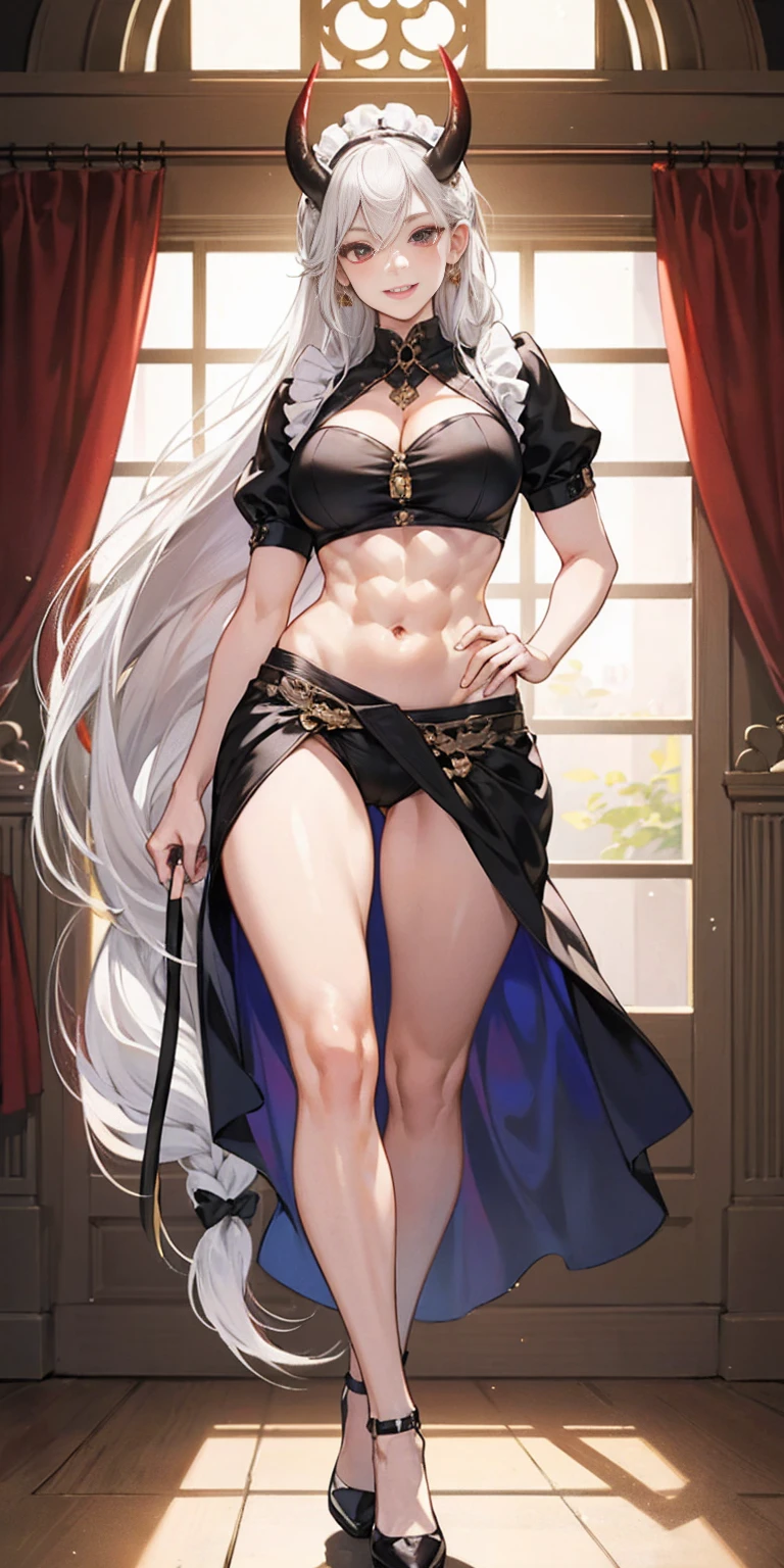 1 full length girl standing, good ass, maid of honor, Hairstyle with a white braid, white hair, blind, perfect lighting, muscular, thighs, mature woman, Mummy, belly button, ABS, look at the viewer (masterpiece, high quality: 1.1) smile, Extremely huge breasts, maternal, Porcelain skin, Extra long hair, shiny skin, good face, oni horns