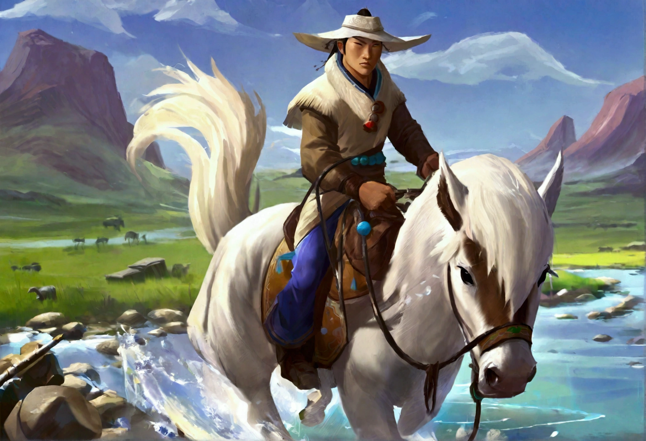 A stout Mongolian man (age 25, dirty and dingy, cowboy outfit dirty but mainly white) riding a white pony, she is part if a cattle drive crossing a stream, rolling plains
