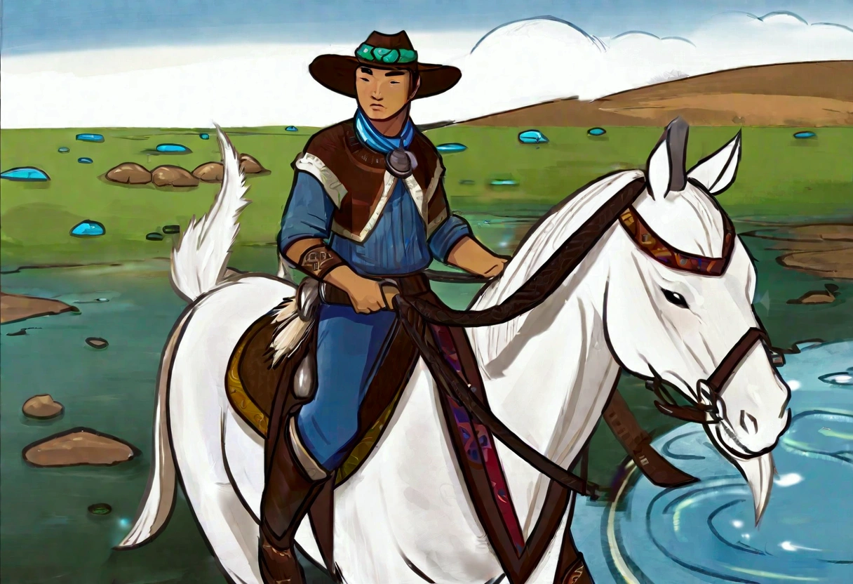 A stout Mongolian man (age 25, dirty and dingy, cowboy outfit dirty but mainly white) riding a white pony, she is part if a cattle drive crossing a stream, rolling plains
