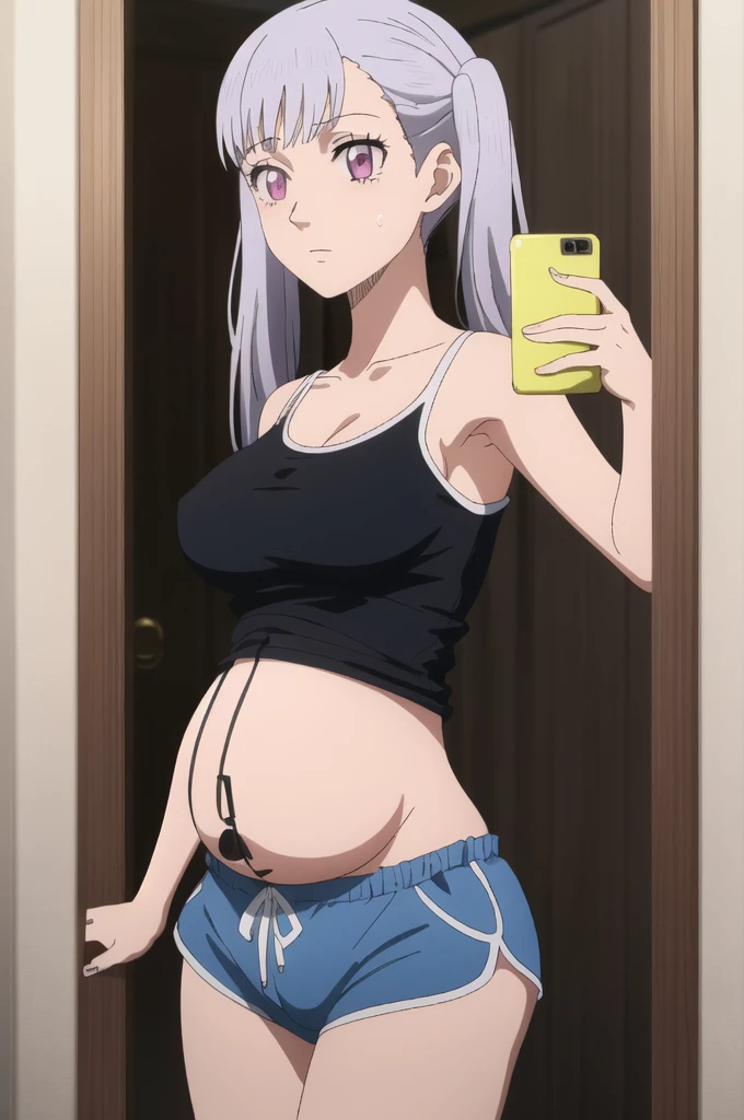 ((best quality)),((highly detailed)),masterpiece,absurdres,detailed face,beautiful face,(detailed eyes, deep eyes),(1girl),((dynamic pose)), Noelle, pink eyes, twintails, long hair, silver hair, bangs, solo, tank top, pregnant belly, indoors , breast, medium breast, dolphin shorts, anime, mirror selfie, holding phone
