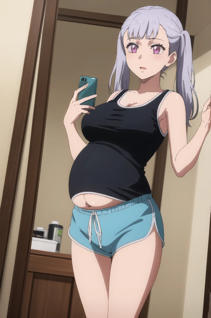 ((best quality)),((highly detailed)),masterpiece,absurdres,detailed face,beautiful face,(detailed eyes, deep eyes),(1girl),((dynamic pose)),  Noelle, pink eyes, twintails, long hair, silver hair, bangs, solo, tank top, pregnant belly, indoors , breast, medium breast, dolphin shorts, anime, mirror selfie, holding phone