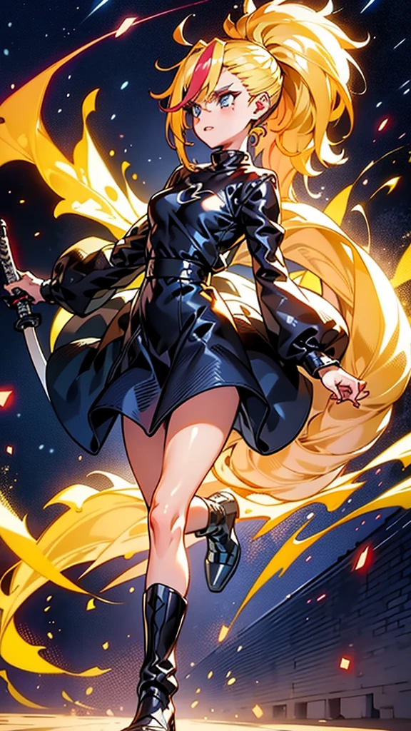 1 girl, ultra long hair, ultra detailed face, glowing lips, glowing blue eyes, very long ponytail, elegant walk, catwalk, holding down a  giant katana, blonde, long eyelashes, long boots , looking to the sky, starry sky, a ultra giant katana 