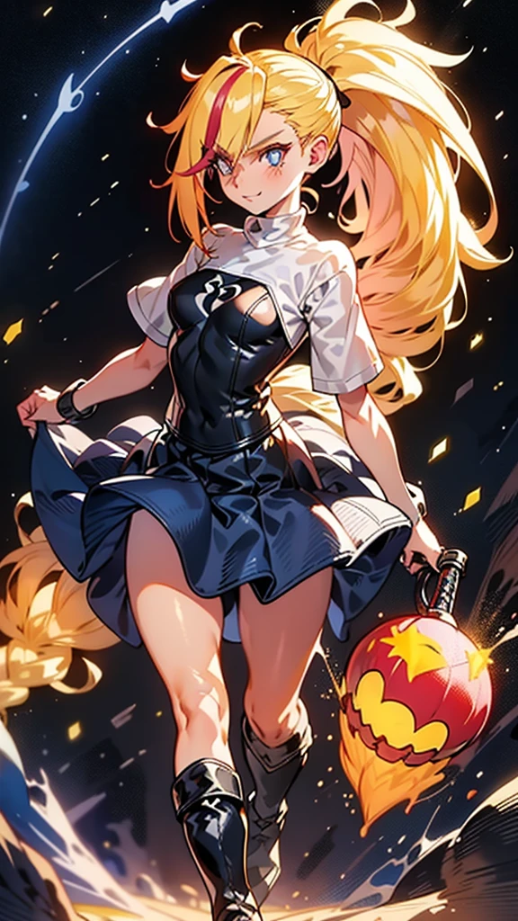 1 girl, ultra long hair, ultra detailed face, glowing lips, glowing blue eyes, very long ponytail, elegant walk, catwalk, holding down a  giant katana, blonde, long eyelashes, long boots , looking to the sky, starry sky, a ultra giant katana 