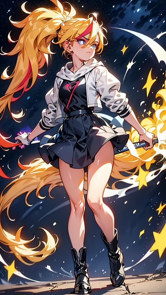 1 girl, ultra long hair, ultra detailed face, glowing lips, glowing blue eyes, very long ponytail, elegant walk, catwalk, holding down a  giant katana, blonde, long eyelashes, long boots , looking to the sky, starry sky, a ultra giant katana 