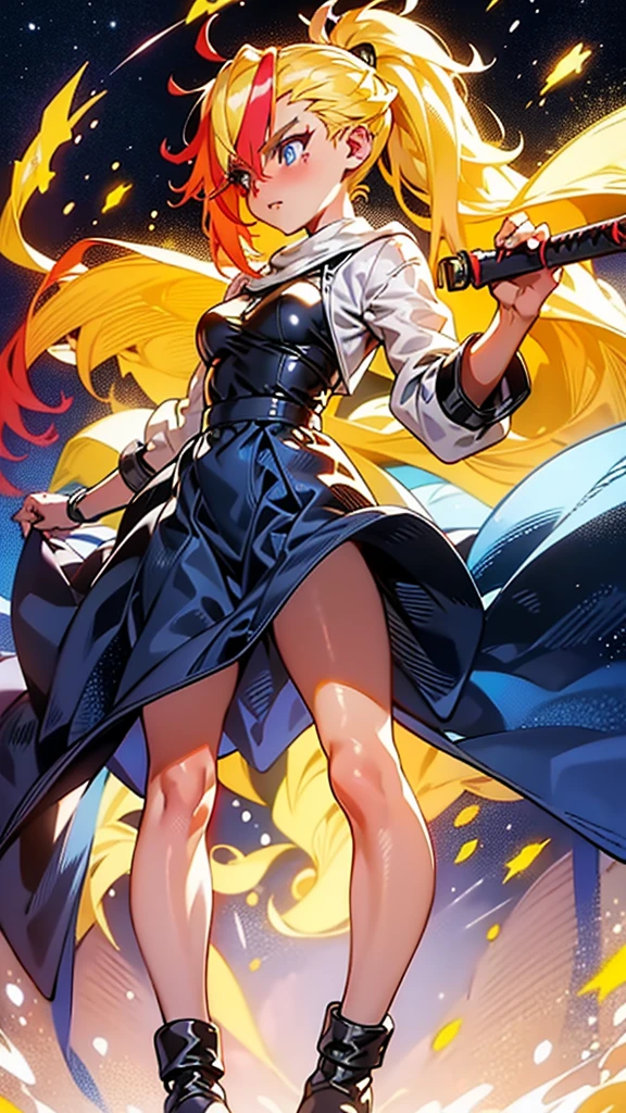 1 girl, ultra long hair, ultra detailed face, glowing lips, glowing blue eyes, very long ponytail, elegant walk, catwalk, holding down a  giant katana, blonde, long eyelashes, long boots , looking to the sky, starry sky, a ultra giant katana 