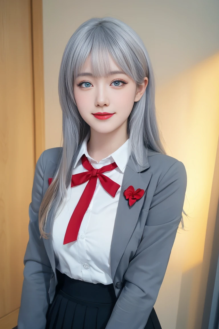 ulzzang-6500-v1.1,(raw photo:1.2),((photorealistic:1.30)), ((best quality)) ,((masterpiece)),((Ultra High Resolution)), ((Clear View)),,Ultra-high resolution,Clear face,（Reality：1.4) ,  illustration, an extremely delicate and beautiful, extremely detailed ,CG ,unity ,8k wallpaper, Amazing, finely detail, masterpiece,best quality,official art,extremely detailed CG unity 8k wallpaper,absurdres, incredibly absurdres, huge filesize, ultra-detailed, highres, extremely detailed,beautiful detailed girl, extremely detailed eyes and face, beautiful detailed eyes,light on face,cinematic lighting, 1girl, 独奏, bangs, alya(roshidere), (white hair:1.3), long hair, bangs, Blue eyes, hair ribbon, ahoge, red ribbon, skirt, shirt, long sleeves, bow, , jacket, white shirt, pleated skirt, collared shirt, bowtie, black skirt, red bow, red bowtie, blazer, (grey blazer:1.1), long sleeves, upper body view, smile,