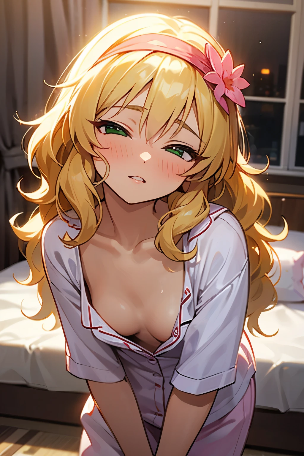 masterpiece,best quality, ultra-detailed,1girl(sakurai momoka, lovely small breasts, naked  body, wavy hair, long hair, blonde hair,  headband, pink flower in hair,green eyes,  half-closed eyes), a come-hither face,   parted lips, nose blush, blush, facing viewer , looking at viewer, head tilt, solo, pajama,  cleavage,  in the bedroom, night time, standing, come-on 