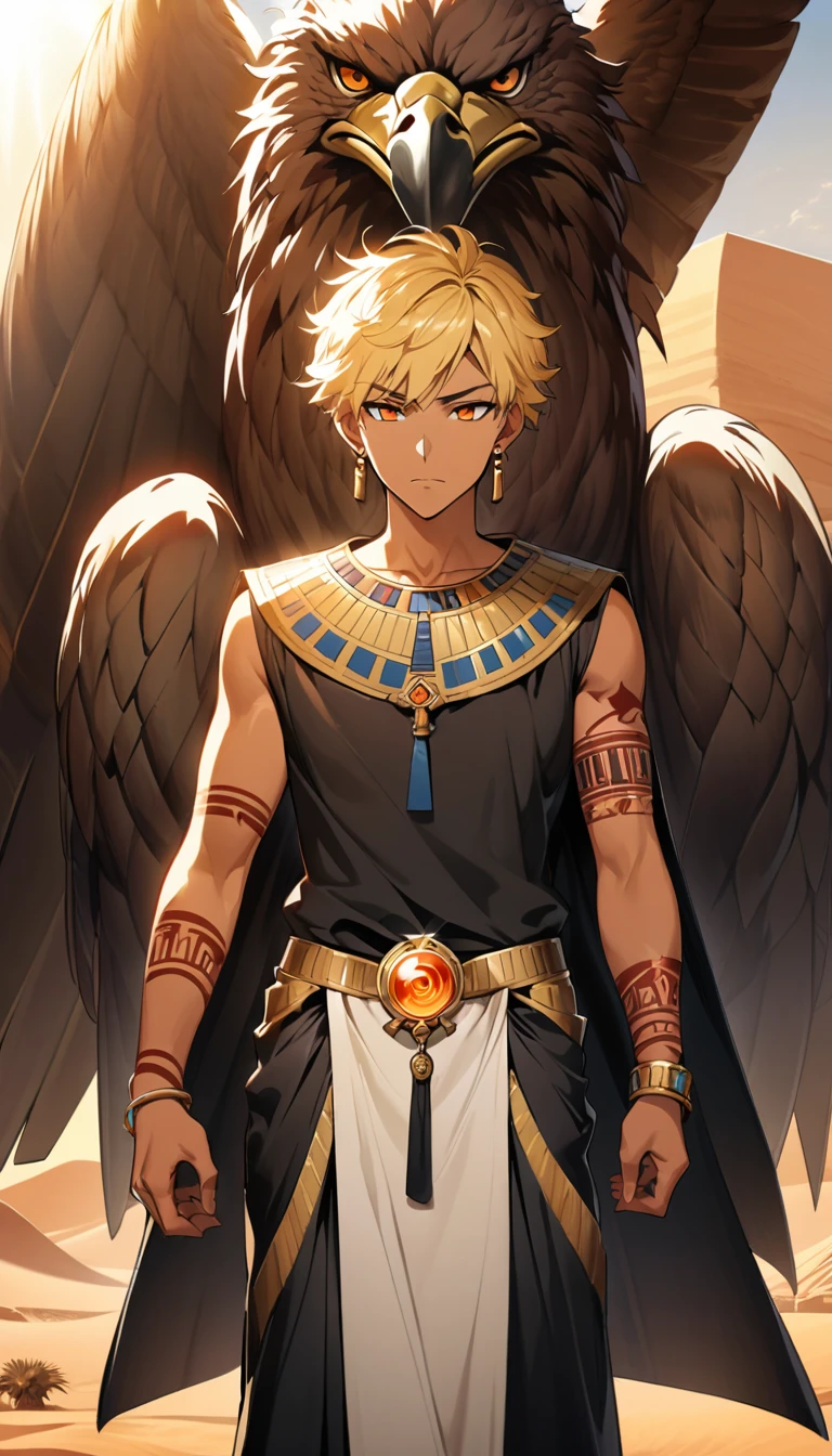 Desert Background,Handsome young man, blond, Orange Eyes, short hair, Black Hoodie,high quality, Draw Amount, pixiv illustrations,Tanned skin,Red tattoo on the arm,(Egyptian style,Egyptian Dress Up),sword,earrings,Sunlight,((Vision)),huge eagle,full-body shot
