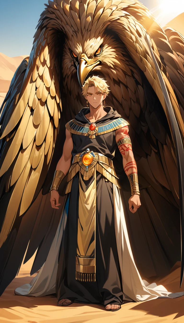 Desert Background,Handsome young man, blond, Orange Eyes, short hair, Black Hoodie,high quality, Draw Amount, pixiv illustrations,Tanned skin,Red tattoo on the arm,(Egyptian style,Egyptian Dress Up),sword,earrings,Sunlight,((Vision)),huge eagle,full-body shot