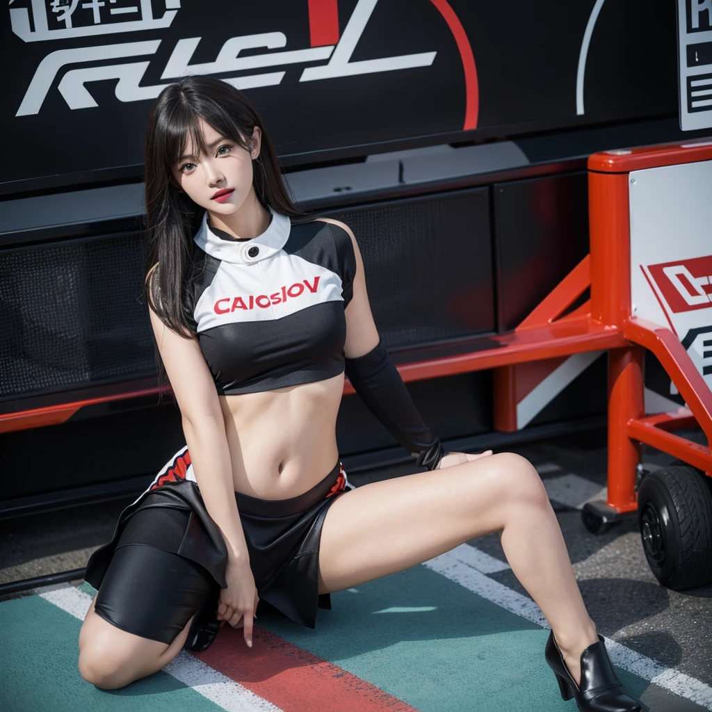 Super detailed photos、Detailed face、Lip gloss、Cool woman、Colorful costumes、F1 Driver Cosplay、Colorful costumes、Clothing with company logo、Grid Girlsのカラフルで派手な衣装、Grid Girls、Perfect Face、Paddock Girls、Harem、motor Show、tights、Bodycon Costumes、Grid Girls、Russia、Grid Girlsのコスプレ、belly button、Pleated skirt、Bodycon Costumes、Legs open pose、Spread your legs to show your crotch