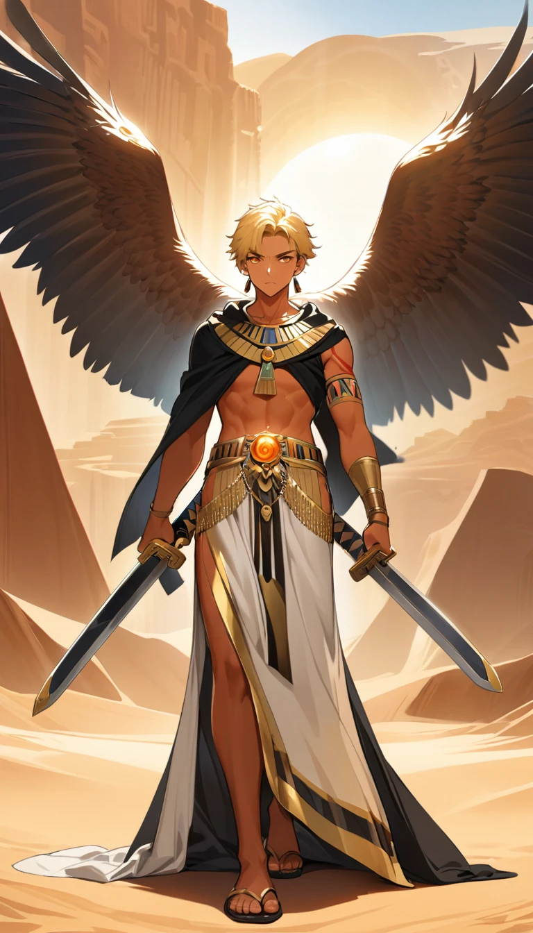 Desert Background,Handsome young man, blond, Orange Eyes, short hair, Black Hoodie,high quality, Draw Amount, pixiv illustrations,Tanned skin,Red tattoo on the arm,(Egyptian style,Egyptian Dress Up),sword,earrings,Sunlight,((Vision)),huge eagle,full-body shot