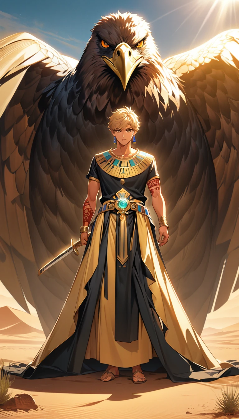 Desert Background,Handsome young man, blond, Orange Eyes, short hair, Black Hoodie,high quality, Draw Amount, pixiv illustrations,Tanned skin,Red tattoo on the arm,(Egyptian style,Egyptian Dress Up),sword,earrings,Sunlight,((Vision)),huge eagle,full-body shot