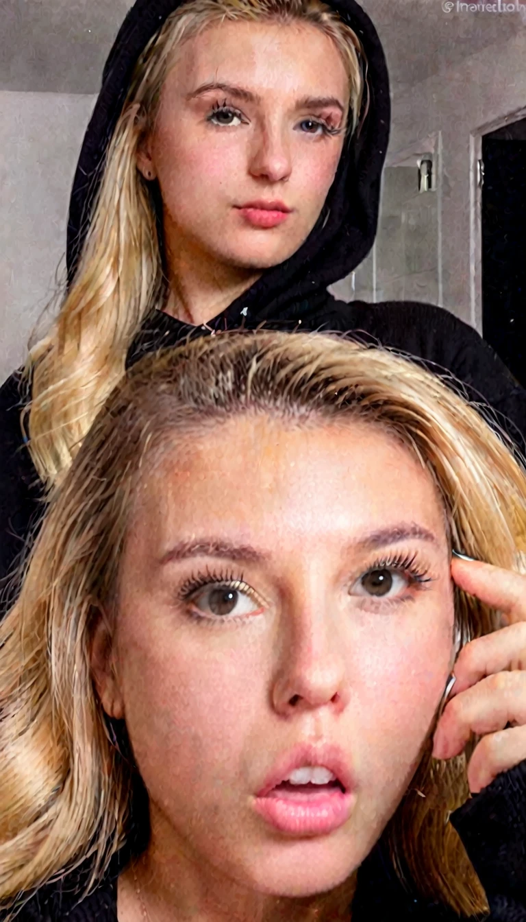 selfie picture of a blonde girl in her 20s, emotionless, wearing black hoodie, iphone mirror selfie