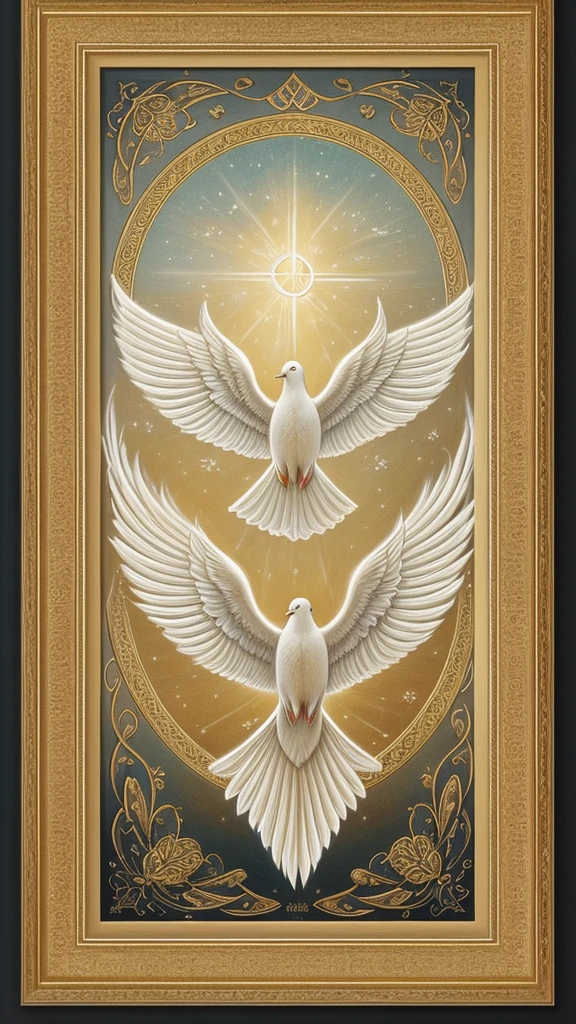 A majestic, illuminated dove with snowy white feathers and a gentle, serene expression soars above an open Bible, its wings outstretched, as if carrying the sacred scriptures. The Holy Spirit is symbolized by a soft, ethereal glow emanating from the dove's body, radiating divine light onto the pages of the Bible. The Bible itself is ornate, with golden accents and intricate filigree adorning the cover, lying open to a passage with elegant, cursive script. The background is a warm, creamy beige, evoking a sense of reverence and timeless wisdom. The overall atmosphere is one of peace, contemplation, and spiritual enlightenment, with the dove's gentle flight conveying the gentle guidance of the Holy Spirit. The image is bathed in a soft, warm light, with subtle shading and textures that evoke a sense of depth and dimensionality.