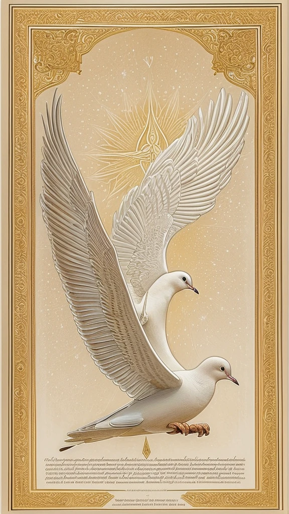A majestic, illuminated dove with snowy white feathers and a gentle, serene expression soars above an open Bible, its wings outstretched, as if carrying the sacred scriptures. The Holy Spirit is symbolized by a soft, ethereal glow emanating from the dove's body, radiating divine light onto the pages of the Bible. The Bible itself is ornate, with golden accents and intricate filigree adorning the cover, lying open to a passage with elegant, cursive script. The background is a warm, creamy beige, evoking a sense of reverence and timeless wisdom. The overall atmosphere is one of peace, contemplation, and spiritual enlightenment, with the dove's gentle flight conveying the gentle guidance of the Holy Spirit. The image is bathed in a soft, warm light, with subtle shading and textures that evoke a sense of depth and dimensionality.
