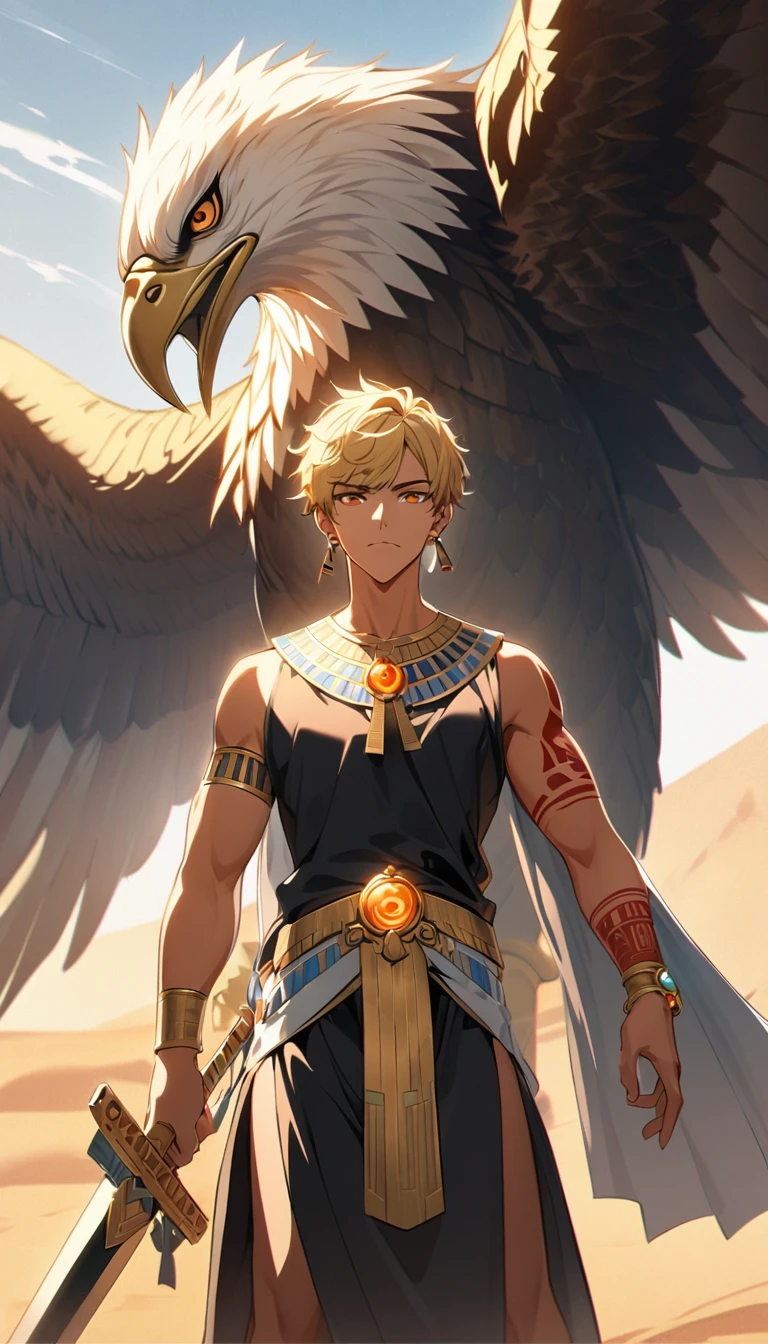 Desert Background,Handsome young man, blond, Orange Eyes, short hair, Black Hoodie,high quality, Draw Amount, pixiv illustrations,Tanned skin,Red tattoo on the arm,(Egyptian style,Egyptian Dress Up),sword,earrings,Sunlight,((Vision)),huge eagle,full-body shot