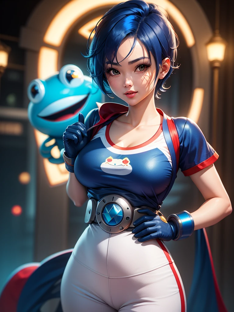 (at night), in a video game scene a background of a beautiful city during the day raining, standing at attention, semi-short blue hair, blouse with an anime frog face, white flared pants, wears blue exercise gloves, round goggles on head, WEARS a RED scarf around her neck, huge belt with a round shawl, ((blue hair)), 1 girl, alone, 20 years old, young woman, perfect hands, beautiful fingers, beautiful long legs, beautiful body, beautiful nose, beautiful character design, perfect face, looking at the viewer with serious gesture (focusing on his face), closed mouth, Light_Smile, official art, extremely detailed CG unity 8k wallpaper, perfect lighting, bright and colorful front lighting, shiny skin (masterpiece: 1.0), (best_quality: 1.0), ultra-high resolution, 4K, ultra-detailed photography, 8K, HDR, high resolution, nonsense:1.2, Kodak portra 400, film grain, blurred background, bokeh:1.2 , lens flare, (vibrant_color:1.2), professional photography, (Beautiful, breasts: 1.4), (beautiful_face: 1.5), (narrow waist),
