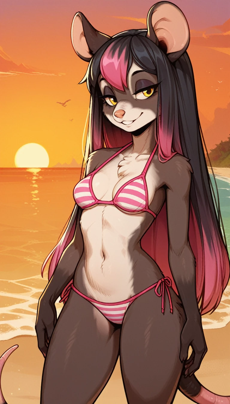 smile, 1girl, anthro, furry, fur, fluffy fur, possum girl, {(pink bikini), (striped bikini bra), (striped bikini panties), yellow eyes, (19 years), long hair, medium breast, thicc thighs, solo, (beach), (sunset), standing, half-closed eyes, black hair (pink highlights), shortstack, detailed, score_9, score_8_up, score_7_up, score_6_up, score_5_up, score_4_up
