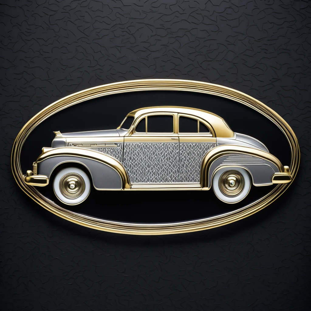 Emblem in the shape of a retro automobile, gold-colored and silver, with an uneven silver front, oval plate, patterned on a black background.