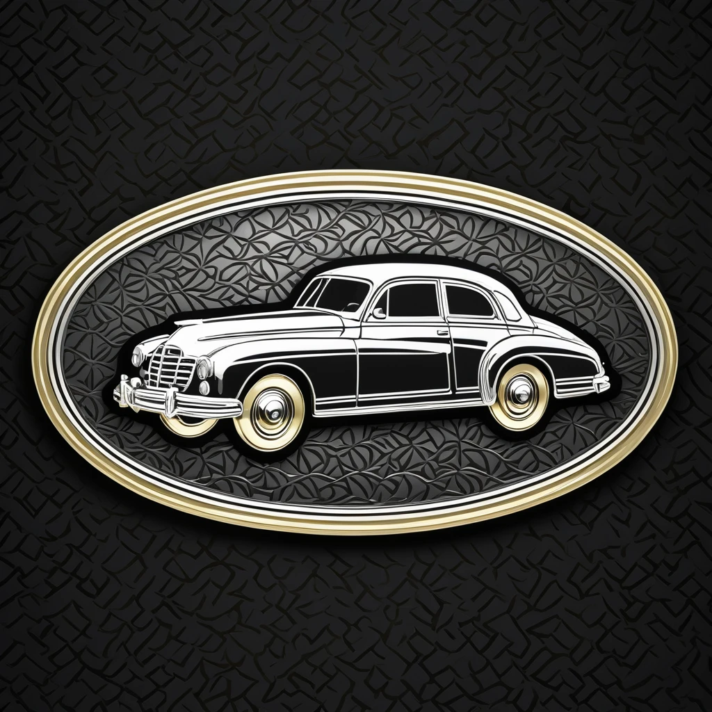 Emblem in the shape of a retro automobile, gold-colored and silver, with an uneven silver front, oval plate, patterned on a black background.