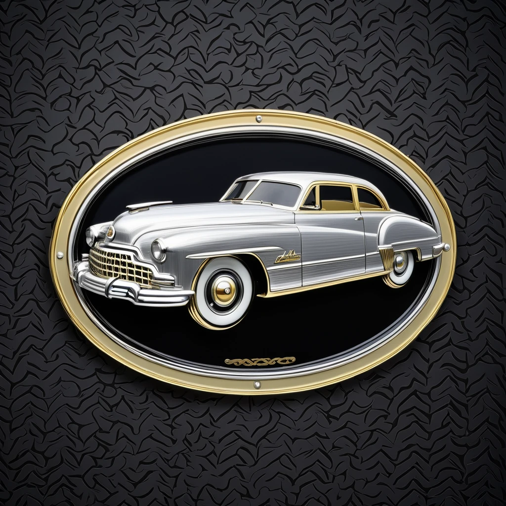 Emblem in the shape of a retro automobile, gold-colored and silver, with an uneven silver front, oval plate, patterned on a black background.