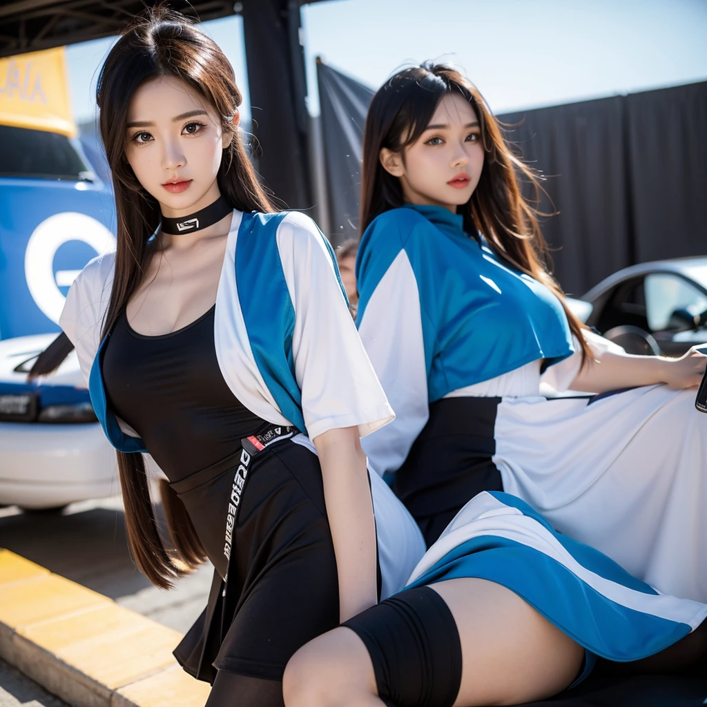 Ultra detailed face、Cool woman、Colorful costumes、F1 Driver Cosplay、Colorful costumes、Clothing with company logo、Grid Girlsのカラフルで派手な衣装、Grid Girls、Perfect Face、Paddock Girls、Harem、motor Show、tights、Bodycon Costumes、Grid Girls、Russia、Grid Girlsのコスプレ、belly button、Pleated skirt、Bodycon Costumes、Photographed in a sexy pose