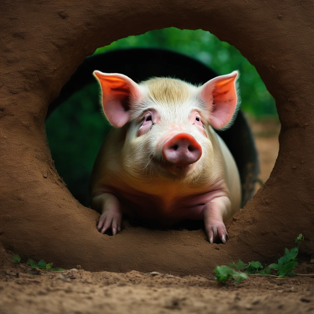 A pig in a hole where one foot inside the hole and the rest were outside the hole supporting the body not to fall in the hole