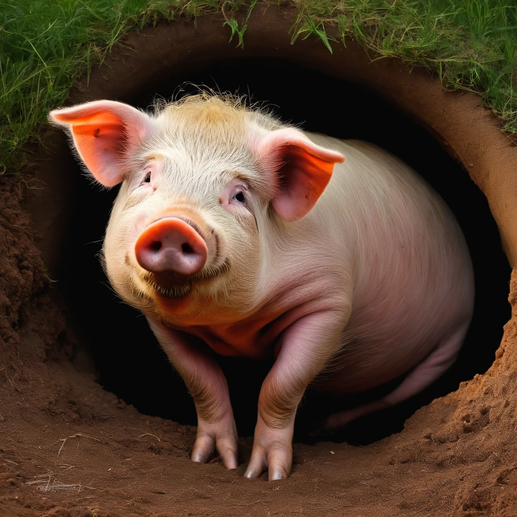 A pig in a hole where one foot inside the hole and the rest were outside the hole supporting the body not to fall in the hole