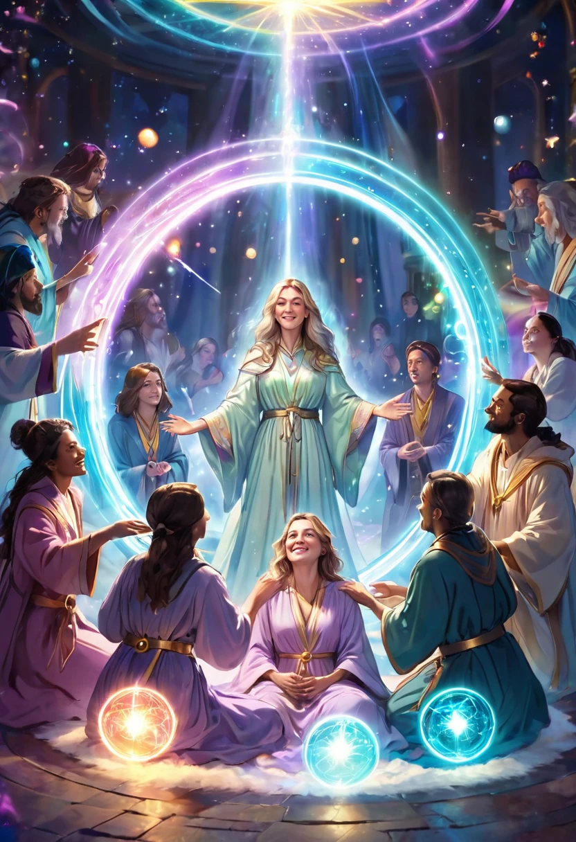 close-up, Seven Wizards with magic sticks are healing a woman. There is a woman lying in the middle of the circle. The magicians surround the woman with light and heal her. The wizards are wearing and smiling. Fantastic, pastel colored spheres of light are floating in the air.