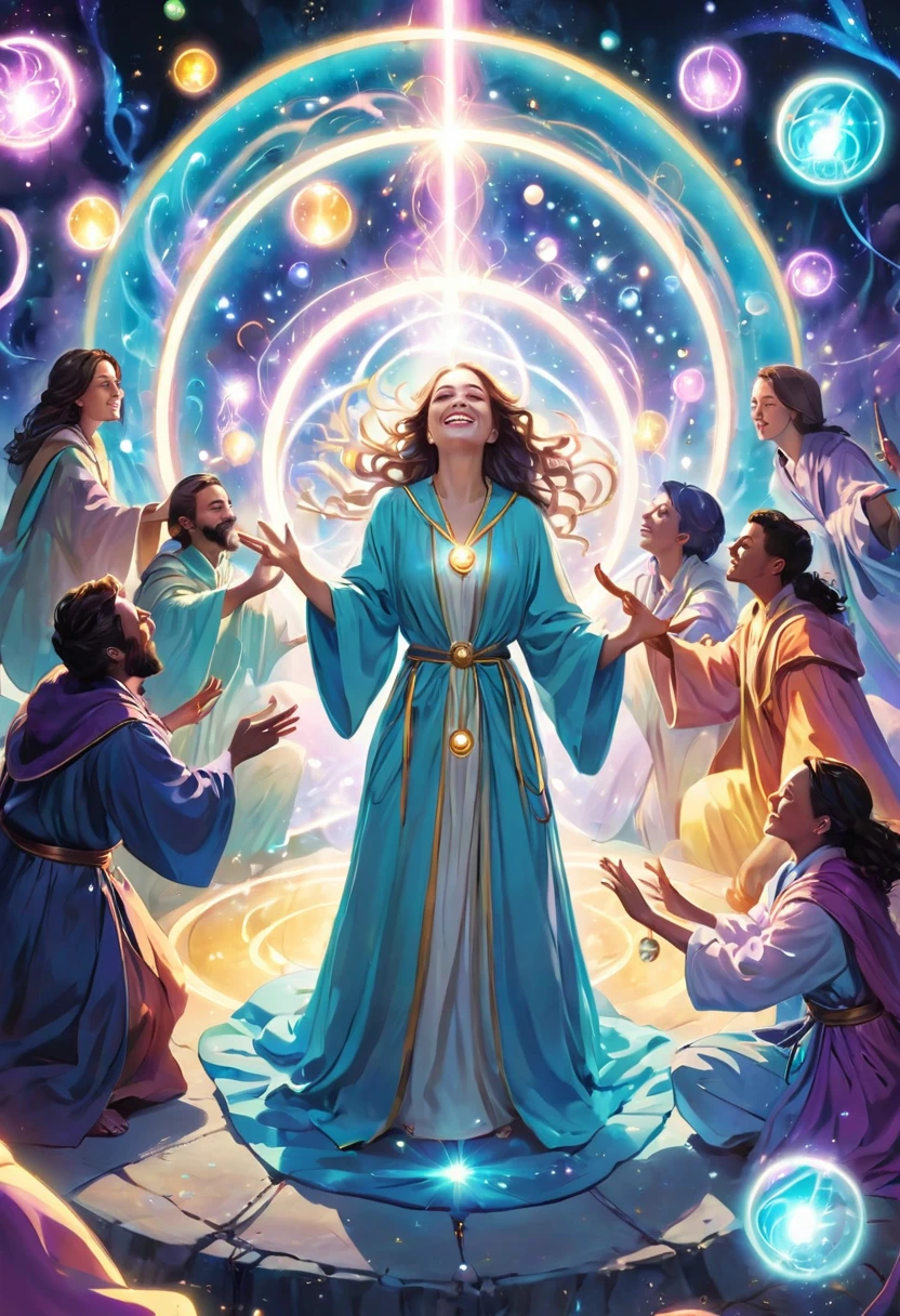 close-up, Seven Wizards with magic sticks are healing a woman. There is a woman lying in the middle of the circle. The magicians surround the woman with light and heal her. The wizards are wearing robes and smiling. Fantastic, pastel colored spheres of light are floating in the air.