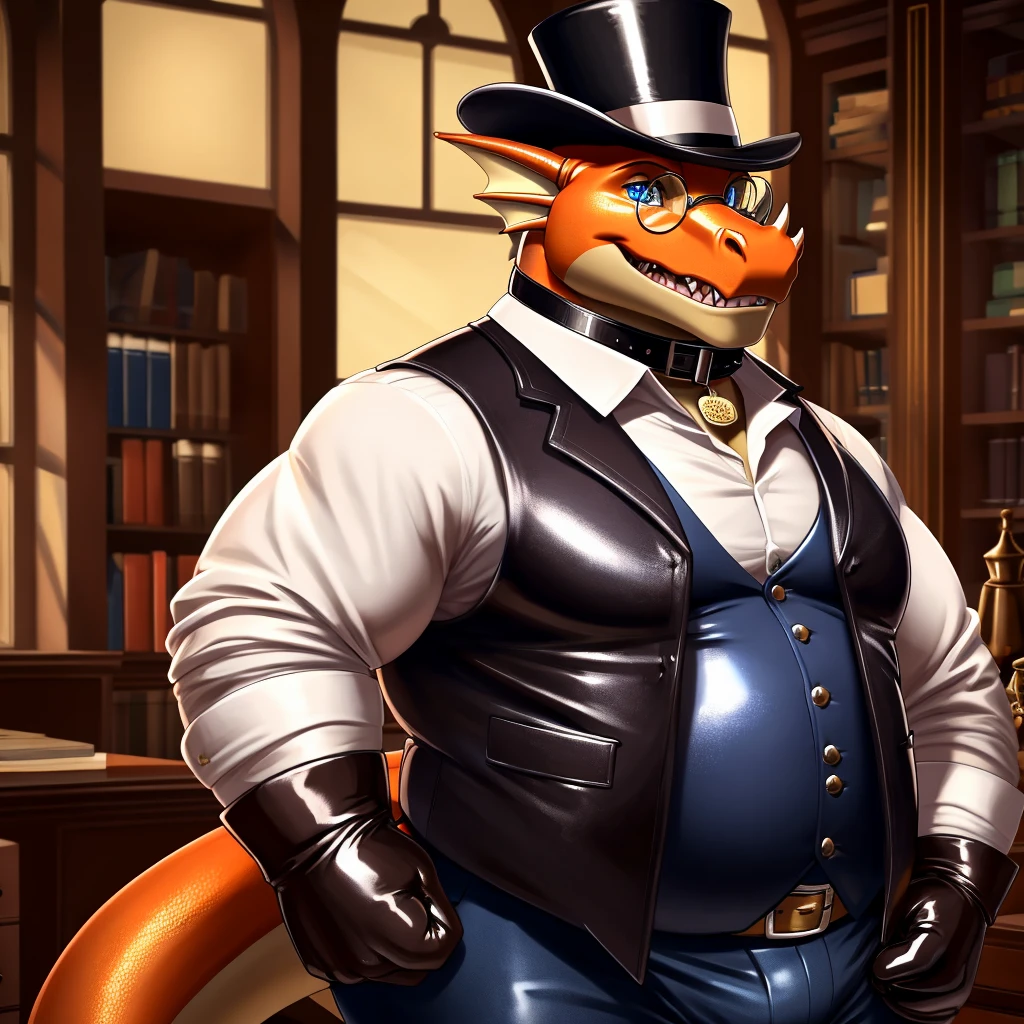 Male, fat, extremely obese, gentleman, dapper Professor Dragon, blue eyes, (posing:1.3), (soft shading), 4k, hi res, ((detailed face, detailed)), looking at viewer, mouth wide open, steampunk, dapper clothing, collared shirt with buttons, top hat, male focus, Explorer Outfit, glasses, monocle, vest with buttons, sleeves rolled up, round eyewear, brown headwear, brown vest, office, Dragon is wearing a glossy leather dog collar around the neck, Dragon is wearing the leather collar and shirt and vest at the same time, Dragon is wearing glossy white rubber gloves on the hands, wearing white rubber gloves on the feet, gloves are rubber in texture, clenching teeth, clenching fists, leather collar is glossy and shiny with a lot of detail, Dragon is wearing gloves and leather collar at the same time, leather collar has a round dog-tag, leather collar is thick and detailed, leather collar is glossy and shiny, fancy clothing, dapper vest, dapper shirt, leather collar is thick, glossy leather collar, Dragon is pulling up his pants.