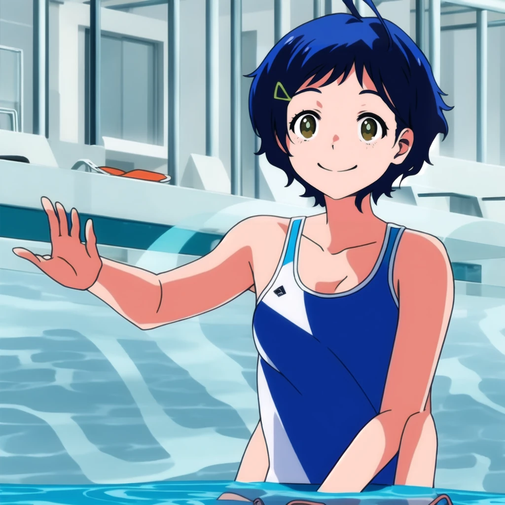 ai ohto, short hair,odo eyes, hairclip,yellow bikini , sports bra, smile, pool, (Water ripple effect around the body:1.3)