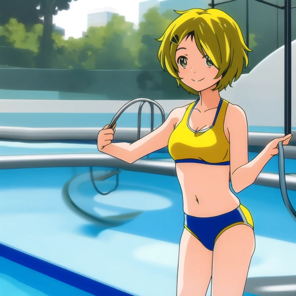 ai ohto, short hair,odo eyes, hairclip,yellow bikini , sports bra, smile, pool, (Water ripple effect around the body:1.3)