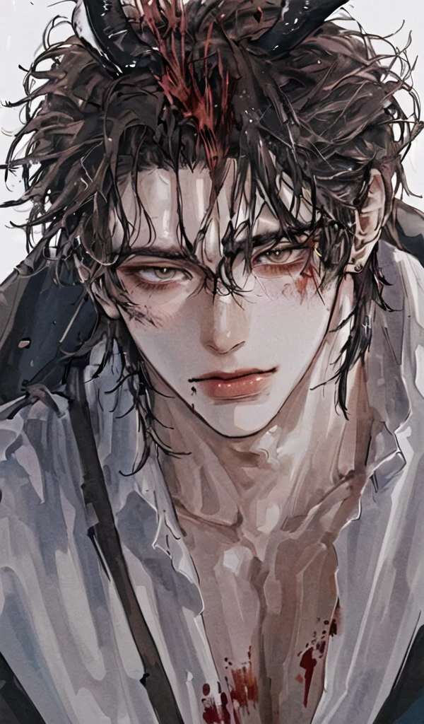 Handsome vampire ager,closeup cleavage,head portrait,Open your mouth,the bats,long canine teeth,There is blood on the teeth,long whitr hair,(There is blood at the corner of the mouth:1.4),Blood,depth of fields,dynamic blur,high light,Real light,Ray traching,oc rendered,Hyper-realistic,best qualtiy,8K,Works of masters,super-fine,Detailed pubic hair,Correct anatomy,sharp focus on eyes,Bokeh,Facial features are carefully depicted