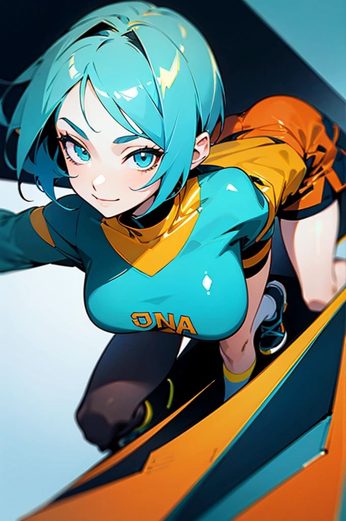 Beautiful girl, short green hair, blue eyes, ball earrings, orange shirt, blue skirt, combat clothing, slim waist, big breasts, tempting