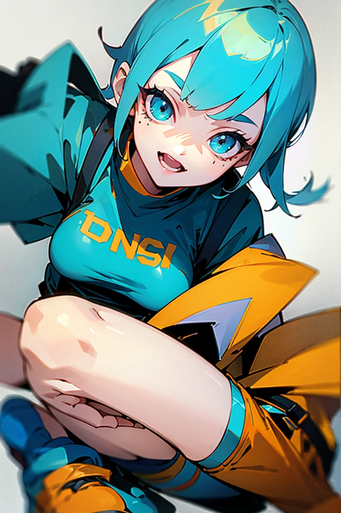 18 year old beautiful girl, short cyan hair, big cyan eyes, small breasts, and slender, 8K, top quality, (very detailed head: 1.0), (very detailed face: 1.0), (very detailed hair: 1.0), orange t shirt, black shorts, cyan air jordan shoes, orange socks, very detailed official artwork, 8k, High resolution, high quality, very detailed, clean detailed anime art, smile, with white background