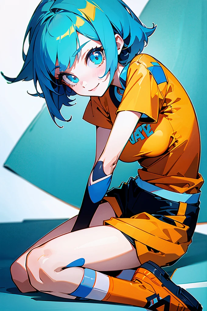 18 year old beautiful girl, short cyan hair, big cyan eyes, small breasts, and slender, 8K, top quality, (very detailed head: 1.0), (very detailed face: 1.0), (very detailed hair: 1.0), orange t shirt, black shorts, cyan air jordan shoes, orange socks, very detailed official artwork, 8k, High resolution, high quality, very detailed, clean detailed anime art, smile, with white background