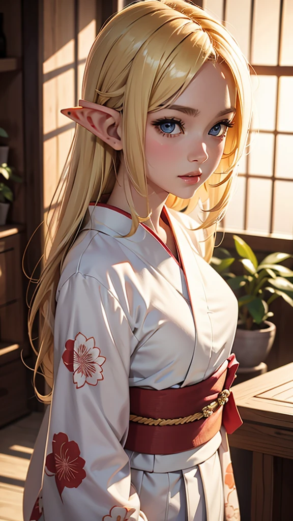 high-level image quality、​masterpiece、in 8K、elvish、A MILF、Geeky personality、Very very long blonde、Waist-length blonde、bouncing hair、bare forehead、You can see a large forehead、Head dress、A thin tiara on the forehead、Bright golden eyebrows、very long golden eyelashes、Troubled face、Wrinkles between the eyebrows、dual、drooing eyes、Small eyes、dark-brown eyes、sharp eye、Mysterious、in a house、Inside the shrine、The nipple is visible、nursing、Priestess costume、Outerwear is white、Underwear is red hakama、Inside the shrine