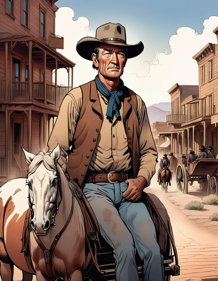 a cowboy riding a horse-drawn carriage, detailed portrait, realistic, photorealistic, 8k, cinematic lighting, dramatic atmosphere, dusty old west setting, John Wayne, rugged features, intense gaze, chiseled jawline, antique carriage, wooden wheels, horse-drawn, old west town in background, natural lighting, warm color palette, vintage film look, masterpiece