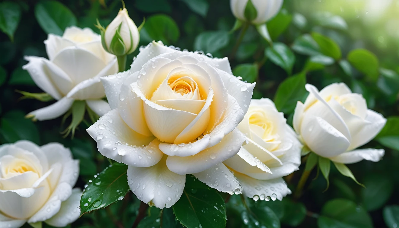 Close-up of vivid white roses centered in the frame, dew drops on flower petals, soft focus on surrounding lush green foliage, defocused background creating a bokeh effect, nature's palette in full display, natural light, ultra fine details, digital painting,UHD,(Best Quality),(Masterpiece Photos), (Details:1.4),(8k Highly Detailed)(Best Quality),(Best Shading)