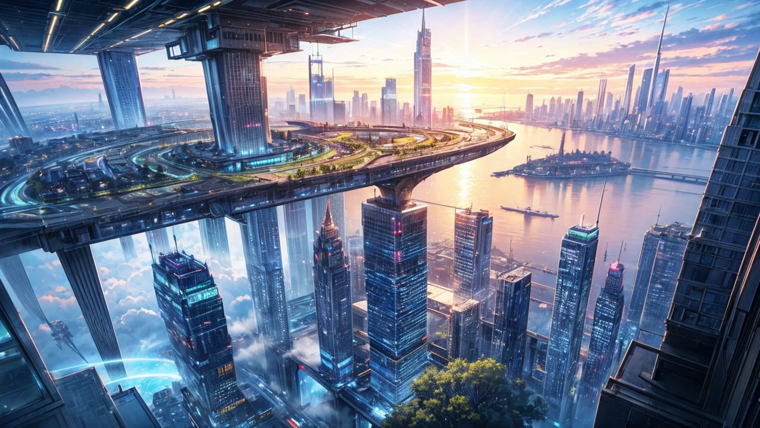 (Best quality,4K,8K,A high resolution,Masterpiece:1.2),Ultra-detailed,(Realistic,Photorealistic,photo-realistic:1.37),Futuristic floating city,Futuristic technology,Huge urban high-tech tablet platform,Airship,Floating in the sky,Futuristic city,Small airships around,High-tech hemispherical platform,Colorful lights,Advanced architecture,modernn architecture,skyscrapper,Access the cloud,Scenic beauty,view over city,Impressive design,Blend seamlessly with nature,energetic and vibrant atmosphere,Futuristic transportation system,Parking is suspended,Transparent path,Lush greenery,Sky gardens,cascading waterfalls,Magnificent skyline,reflections on the water,Sparkling river,Architectural innovation,futuristic skyscrapers,Transparent dome,The shape of the building is unusual,Elevated walkway,Impressive skyline,Glowing lights,Futuristic technology,Minimalist design,Scenic spots,Panoramic view,Cloud Piercing Tower,Vibrant colors,epic sunrise,epic sunset,Dazzling light display,magical ambiance,The future city,Urban Utopia,LuxuryLifestyle,Innovative energy,sustainable development,Smart city technology,Advanced infrastructure,Tranquil atmosphere,Nature and technology live in harmony,Awesome cityscape,Unprecedented urban planning,Architecture connects seamlessly with nature,High-tech metropolis,A cutting-edge engineering marvel,The future of urban living,Visionary architectural concept,Energy-efficient buildings,Harmony with the environment,A city floating above the clouds,Utopian dreams become reality,The possibilities are endless,State-of-the-art transportation network,Green energy integration,Innovative materials,Impressive holographic display,Advanced communication system,Breathtaking aerial view,Quiet and peaceful environment,Modernist aesthetics,Ethereal beauty