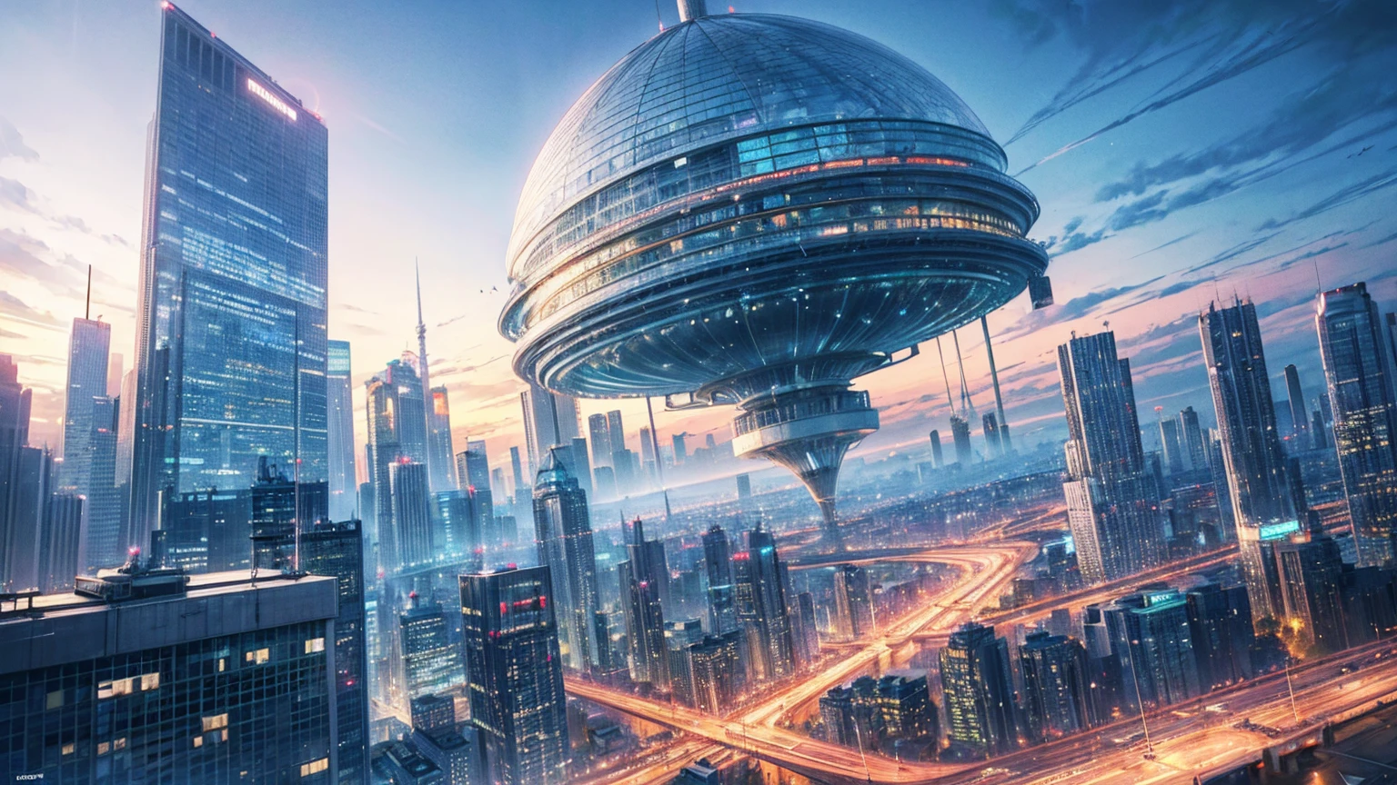 (Best quality,4K,8K,A high resolution,Masterpiece:1.2),Ultra-detailed,(Realistic,Photorealistic,photo-realistic:1.37),Futuristic floating city,Futuristic technology,Huge urban high-tech tablet platform,Airship,Floating in the sky,Futuristic city,Small airships around,High-tech hemispherical platform,Colorful lights,Advanced architecture,modernn architecture,skyscrapper,Access the cloud,Scenic beauty,view over city,Impressive design,Blend seamlessly with nature,energetic and vibrant atmosphere,Futuristic transportation system,Parking is suspended,Transparent path,Lush greenery,Sky gardens,cascading waterfalls,Magnificent skyline,reflections on the water,Sparkling river,Architectural innovation,futuristic skyscrapers,Transparent dome,The shape of the building is unusual,Elevated walkway,Impressive skyline,Glowing lights,Futuristic technology,Minimalist design,Scenic spots,Panoramic view,Cloud Piercing Tower,Vibrant colors,epic sunrise,epic sunset,Dazzling light display,magical ambiance,The future city,Urban Utopia,LuxuryLifestyle,Innovative energy,sustainable development,Smart city technology,Advanced infrastructure,Tranquil atmosphere,Nature and technology live in harmony,Awesome cityscape,Unprecedented urban planning,Architecture connects seamlessly with nature,High-tech metropolis,A cutting-edge engineering marvel,The future of urban living,Visionary architectural concept,Energy-efficient buildings,Harmony with the environment,A city floating above the clouds,Utopian dreams become reality,The possibilities are endless,State-of-the-art transportation network,Green energy integration,Innovative materials,Impressive holographic display,Advanced communication system,Breathtaking aerial view,Quiet and peaceful environment,Modernist aesthetics,Ethereal beauty