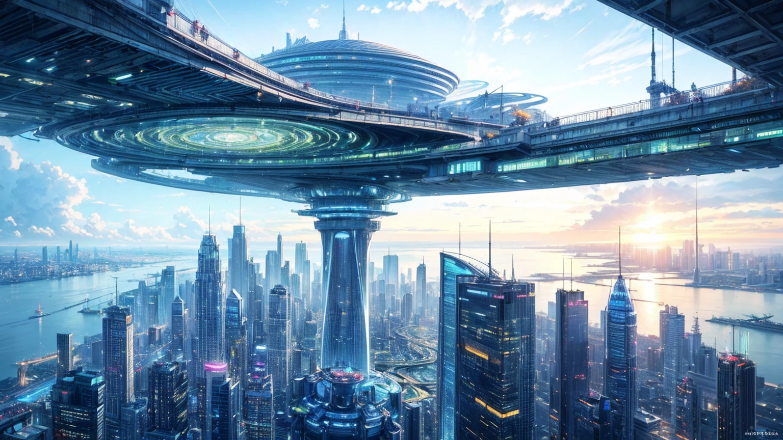 (Best quality,4K,8K,A high resolution,Masterpiece:1.2),Ultra-detailed,(Realistic,Photorealistic,photo-realistic:1.37),Futuristic floating city,Futuristic technology,Huge urban high-tech tablet platform,Airship,Floating in the sky,Futuristic city,Small airships around,High-tech hemispherical platform,Colorful lights,Advanced architecture,modernn architecture,skyscrapper,Access the cloud,Scenic beauty,view over city,Impressive design,Blend seamlessly with nature,energetic and vibrant atmosphere,Futuristic transportation system,Parking is suspended,Transparent path,Lush greenery,Sky gardens,cascading waterfalls,Magnificent skyline,reflections on the water,Sparkling river,Architectural innovation,futuristic skyscrapers,Transparent dome,The shape of the building is unusual,Elevated walkway,Impressive skyline,Glowing lights,Futuristic technology,Minimalist design,Scenic spots,Panoramic view,Cloud Piercing Tower,Vibrant colors,epic sunrise,epic sunset,Dazzling light display,magical ambiance,The future city,Urban Utopia,LuxuryLifestyle,Innovative energy,sustainable development,Smart city technology,Advanced infrastructure,Tranquil atmosphere,Nature and technology live in harmony,Awesome cityscape,Unprecedented urban planning,Architecture connects seamlessly with nature,High-tech metropolis,A cutting-edge engineering marvel,The future of urban living,Visionary architectural concept,Energy-efficient buildings,Harmony with the environment,A city floating above the clouds,Utopian dreams become reality,The possibilities are endless,State-of-the-art transportation network,Green energy integration,Innovative materials,Impressive holographic display,Advanced communication system,Breathtaking aerial view,Quiet and peaceful environment,Modernist aesthetics,Ethereal beauty