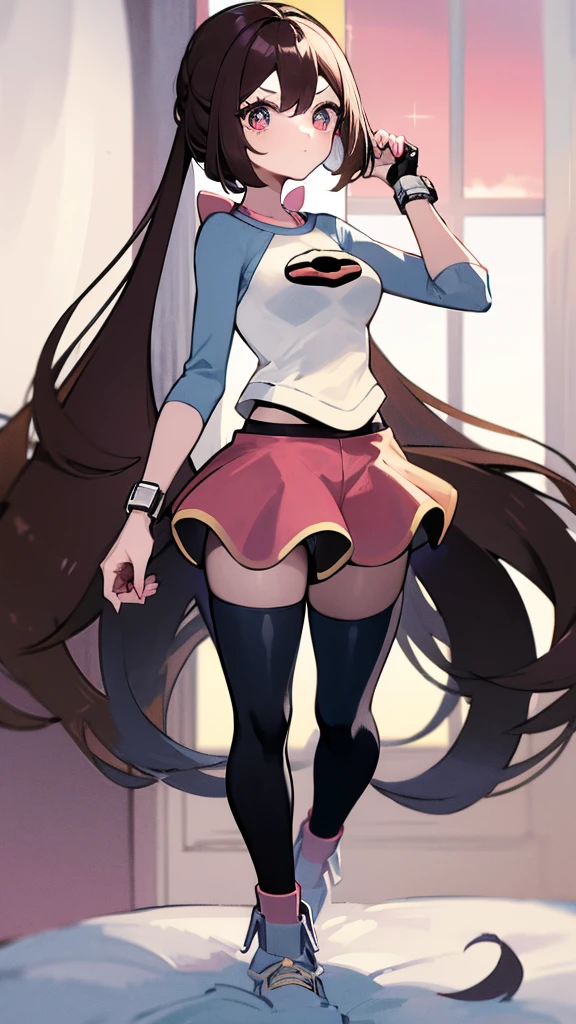 An anime woman 25 years old, medium wavy black hair, pink eyes, medium chest, wearing a black lace corset, short black skirt and long black stockings, posing in his room
