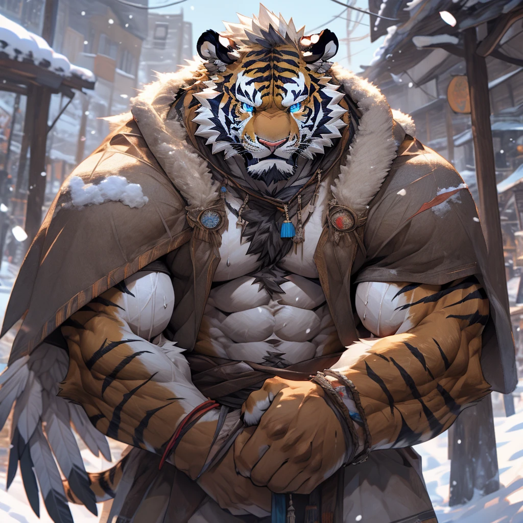 sweaty muscular torso naked snowing swan feathers heavy snow winter village furry anthropomorphic chest hair serious face（Scars on the face） Mature （blue eyes）Huge muscle ripped abs wild，Tiger of tribal ambition