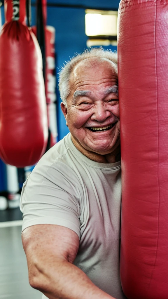 Old man hitting a punching bag, fat old man, smiling, eyes bulging, sweating