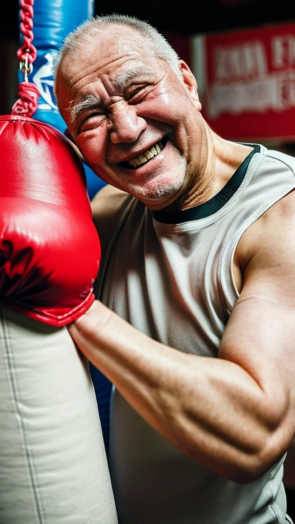 Old man hitting a punching bag, fat old man, smiling, eyes bulging, sweating